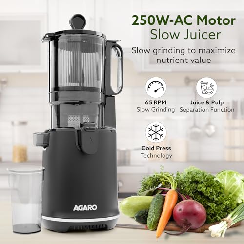 Image of AGARO Regency Cold Press Juicer for Home, 250 Watt AC Motor Slow Juicer Machine, Fruit, Vegetable Juice & Nut Milks, Easy Assembly, Cleaning, Intelligent Safety Features & Auto Reverse, BPA-Free