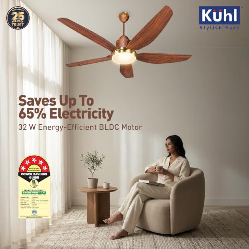 Image of KUHL Luxus Star 1400mm Stylish 65% Power Saving BLDC Ceiling Fan With Remote | BEE 5 Rated & ISI Marked | Down Light | High Air Flow & Low Noise | Smart IoT | Reverse Mode | Free Installation | Teak