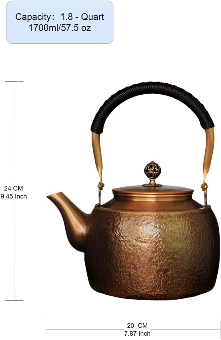 Miedziany czajnik do herbaty - 1,5 mm garnek z czystej miedzi do gazu i indukcji, 1700 ml tradycyjny browar