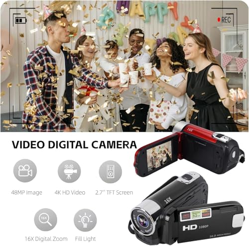 Yosoo Health Gear Videokamera Camcorder, 4K 48 MP DV Handkamera, 2,7-Zoll TFT drehbarer Bildschirm, 16 facher Digitalzoom Videokamera mit USB Kabel, Kompakter Camcorder (Black) – Bild 5