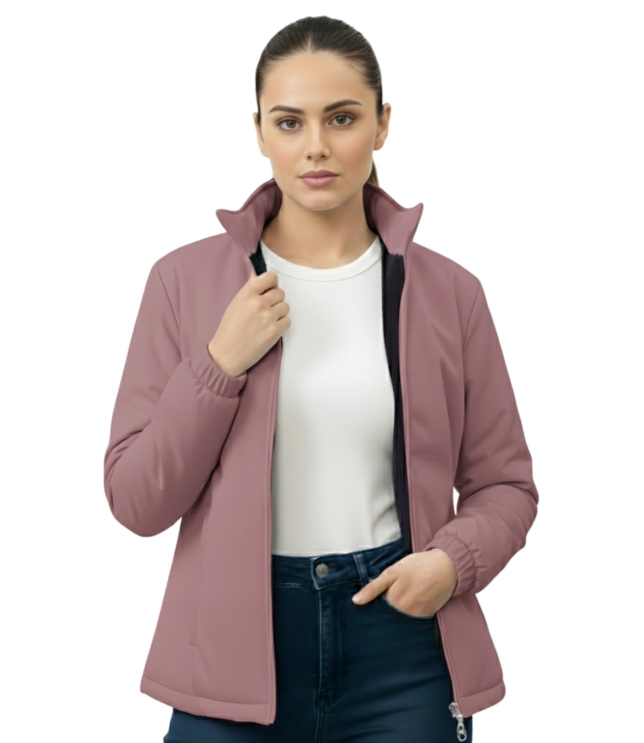 Windproof Poca Fabric Women Jacket with Soft Fur Lining & Zipped Stand Collar | Lightweight Casual & Activewear Women Jackets.