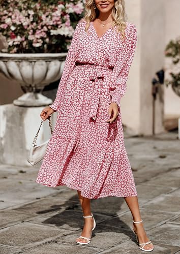 Image of PRETTYGARDEN Women's Floral Boho Dress Fall Long Sleeve Wrap V Neck Ruffle Flowy Maxi Spring Wedding Guest Vacation Dresses