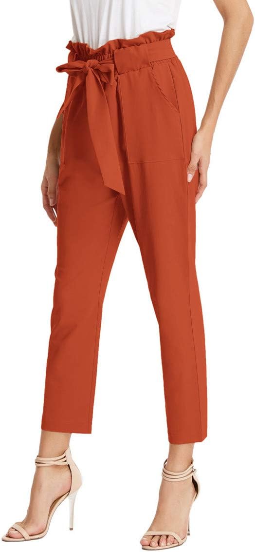 GRACE KARIN Womens Cropped Paper Bag Ruffled Waist Pants with Pockets Yellowish-Brown