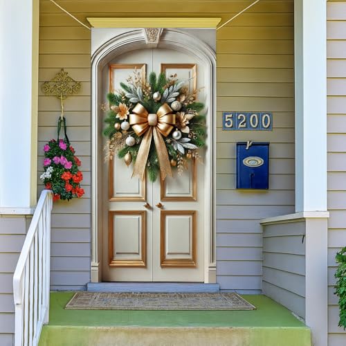 Image of Gold Bow Pine Branch Silver Ball Christmas Door Cover 35x71in