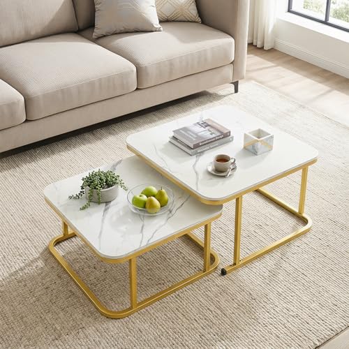 Image of GIANTEX Nesting Coffee Table Set of 2, Faux Marble Center Table with Metal Frame, Modern Square Accent Cocktail Table, Small Coffee Table for Living Room, Small Spaces (White & Gold)