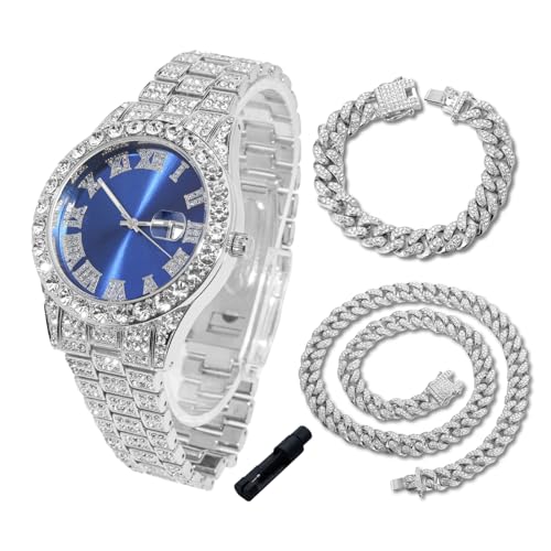 Image of Halukakah Diamonds Gold Watch Iced Out for Boy Teens Kids - 18K Real Gold /Platinum Plated,42mm Blue /Green /Red Dial,Japanese Quartz - 8 inch Length - Optional with Cuban Link Chain,with Watch Adjuster Tool