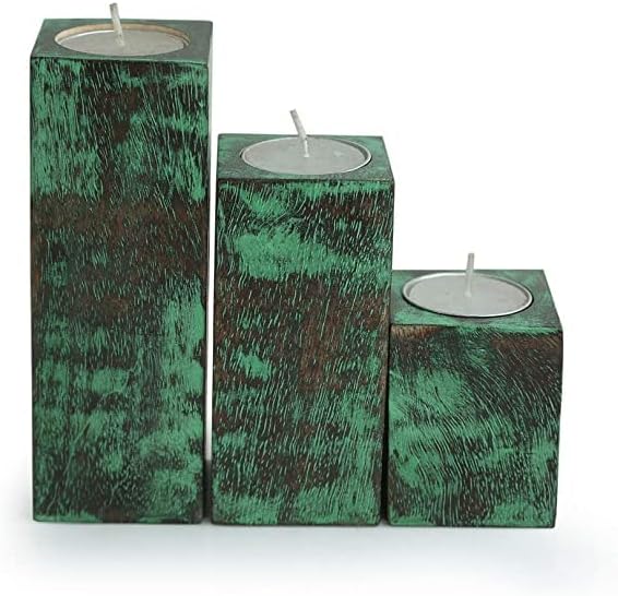 Miniatura 2 de Golden HANDICRAFTS - Portavelas de madera con acabado antiguo para decoración del hogar, portavelas pintado a mano con bloques de verde azulado