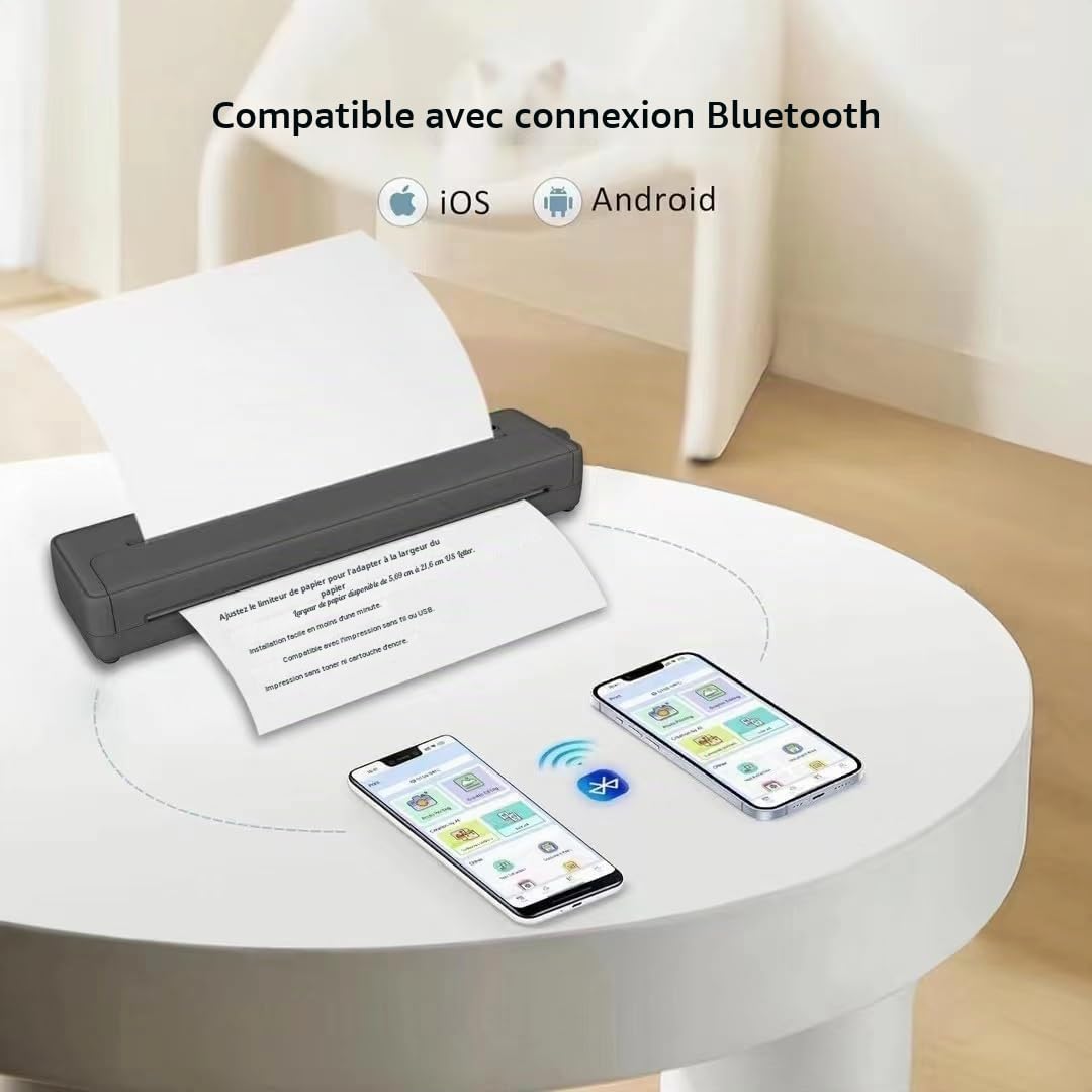 Imprimante Thermique A4, Imprimante Portable, Imprimante Compacte Thermique sans Encre, Compatible avec Les Bluetooth avec Smartphone, USB avec Tablette/Mac