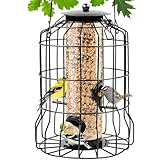 Caged Bird Feeders Metal, Squirrel-Proof Wild Bird Feeders, Clear Tube Feeders Hanging Outside Starling Proof, Detachable Cleaning, 4 Feed Ports