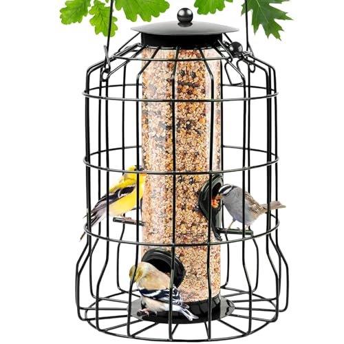 Caged Bird Feeders Metal, Squirrel-Proof Wild Bird Feeders, Clear Tube Feeders Hanging Outside Starling Proof, Detachable Cleaning, 4 Feed Ports