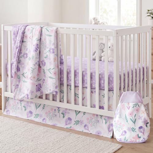 Image of Hahafelt 4 Pieces Crib Bedding Set for Girls and Boys, Purple Floral