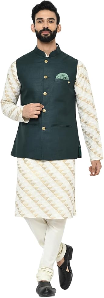 KISAH Men's Kurta Jacket Set - Solid Cotton Blend - Traditional Indian Ethnic Wear for Men - Ideal for Weddings and Festivals
