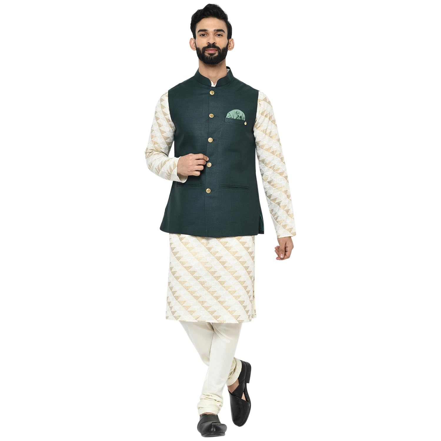 Kisah Men Green Gold Printed Kurta With Churidar Nehru Jacket, Full Sleaves, Knee Length, Straight, Regular Fit, Mandarin Collar Ethnic Wear