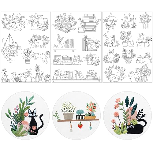 Water Soluble Stabilizer Embroidery Paper - Stick and Stitch Embroidery Paper Wash Away, 3 Sheet Embroidery Patterns, Potted Plant, Flower Book Cat Design, Hand Sewing Crafts