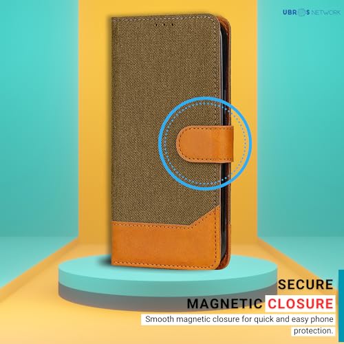 Image of Denim & Leather Flip Cover for Samsung A32 5G | Inbuilt Stand & Pockets | Premium Leather Mobile Phone Case Samsung A32 5G (Dark Brown)