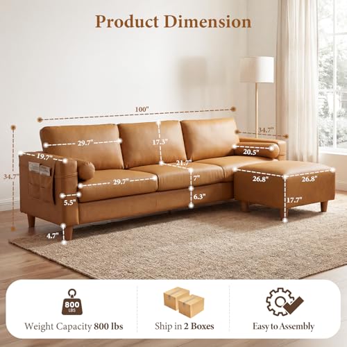 Image of Vesgantti 100 inch L Shaped PU Leather Sofa with Movable Ottoman, 3 Seater Faux Leather Couch with Side Pocket, Comfy Modern Modular Sectional Couch for Living Room, Apartment, Camel