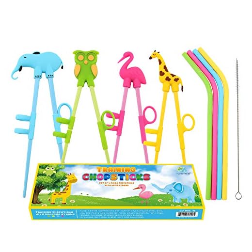 Training Chopsticks for Kids or Adult Beginners Including 4 Pairs Learning Chopsticks with Attachable Learning Chopstick Helper,4 Pieces Reusable Silicone Drinking Straws - Right or Left Handed