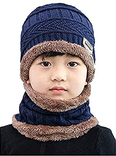 Winter Warm Hat Boy’s & Girl’s Outdoor Sports Hedging Hat Scarf Set Boys Girls (5-14 Years) Warm Fleece Cap Scarf Set Ski Equipment (Blue)