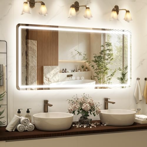 Image of 60 inch x 30 inch Led Bathroom Mirror with Lights, Anti-Fog & Tri-Color Lighting - Wall Mounted Shaving Mirror with, Waterproof & LED Vanity Mirror,Tempered Glass, Dimmable Mirror