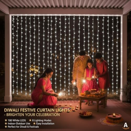 Image of MIRADH 180 LED 9.8 Feet Window Curtain String Light Wedding Party Home Garden Bedroom Outdoor Indoor Wall Decorations, Diwali Lights for Decoration (White Led Curtain 3M x 3M)