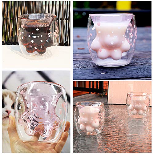 Cat Claw Cup Pink Cherry Printing Cat Paw Mug Cute Cat Foot Shape Transparent Double Wall Coffee Cups Insulated Thermo Milk Tea Juice Wine Whiskey Water Glass Cup 6Oz #TOP3
