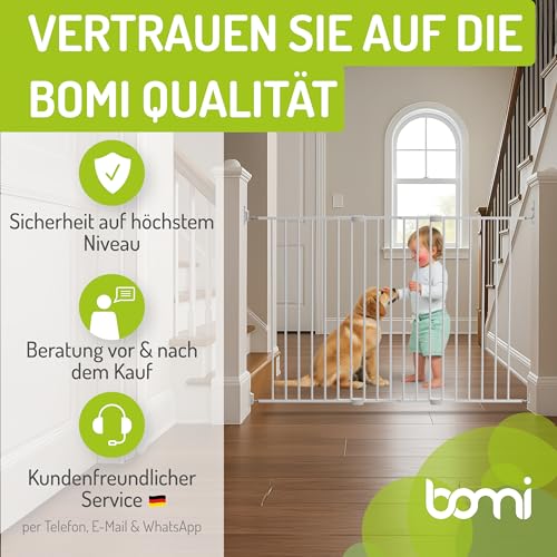 BOMI Türschutzgitter Maja 69-142 cm | Zum Bohren | Extra Hoch | Kindertreppenschutzgitter mit Tür in Weiß ausziehbar | Tierschutzgitter für Hund und Baby