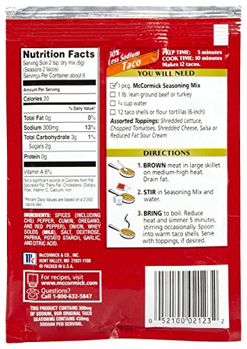 Image of McCormick Low Sodium Taco Seasoning, 1.25 oz, 6 pk