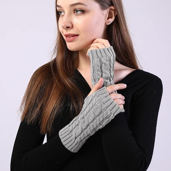 Street27® Arm Warmers Cute Knitted Fingerless Gloves for Women Winter Thumbhole Wrist Warmer Men Crochet Arm Warmers Hand Mittens Fancy Gloves and Skin Friendly For Unisex (Light Grey) 2