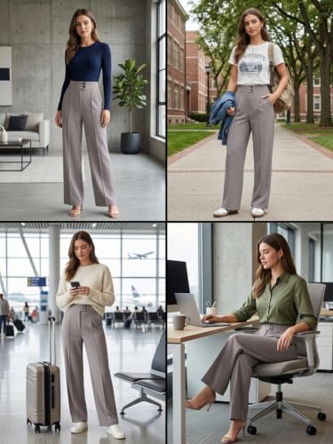 Image of GRECIILOOKS Korean Style Trousers | High Waist Wide Leg Formal Pants | Ankle Length Stretchable Office Wear | Button Closure Straight Fit | Regular Fit Pants for Women