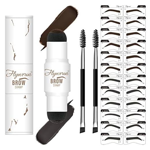 Dual-Color Eyebrow Stamp Stencil Kit - One-Step Vegan Brow Stamp Pomade -Long-Lasting Waterproof Smudge-Proof - With 24Pcs Reusable Thin & Thick Eyebrow Stencils, Dark Brown+Nearly Black