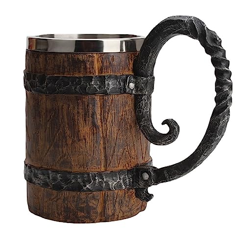 Vintage Faux Handmade Wooden Beer Barrel Mug,Drinkware Mug with Handle,Resin Bucket for Men Coffee Beverage Juice,Stainless Steel Liner Beer Stein Vintage Tankard Unique Gift