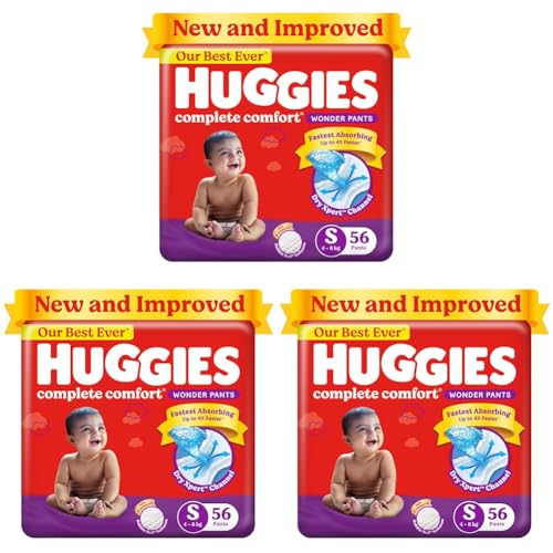 Image of Huggies Complete Comfort Wonder Pants | Pant Style Baby Diapers S Size, 56 Count | India's Fastest Absorbing Diaper, Patented Dry Xpert Channel, Ideal for 4 to 8 Kgs (Pack of 3)