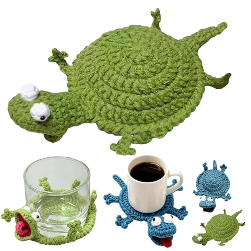 Lustige gehäkelte Untersetzer 3D DIY Tier-Tassenuntersetzer Niedliche Amigurumi-Tierfiguren Dekorative Strick-Tassenuntersetzer für Küche und Haushalt Bastelbedarf Tischdekoration (Green)