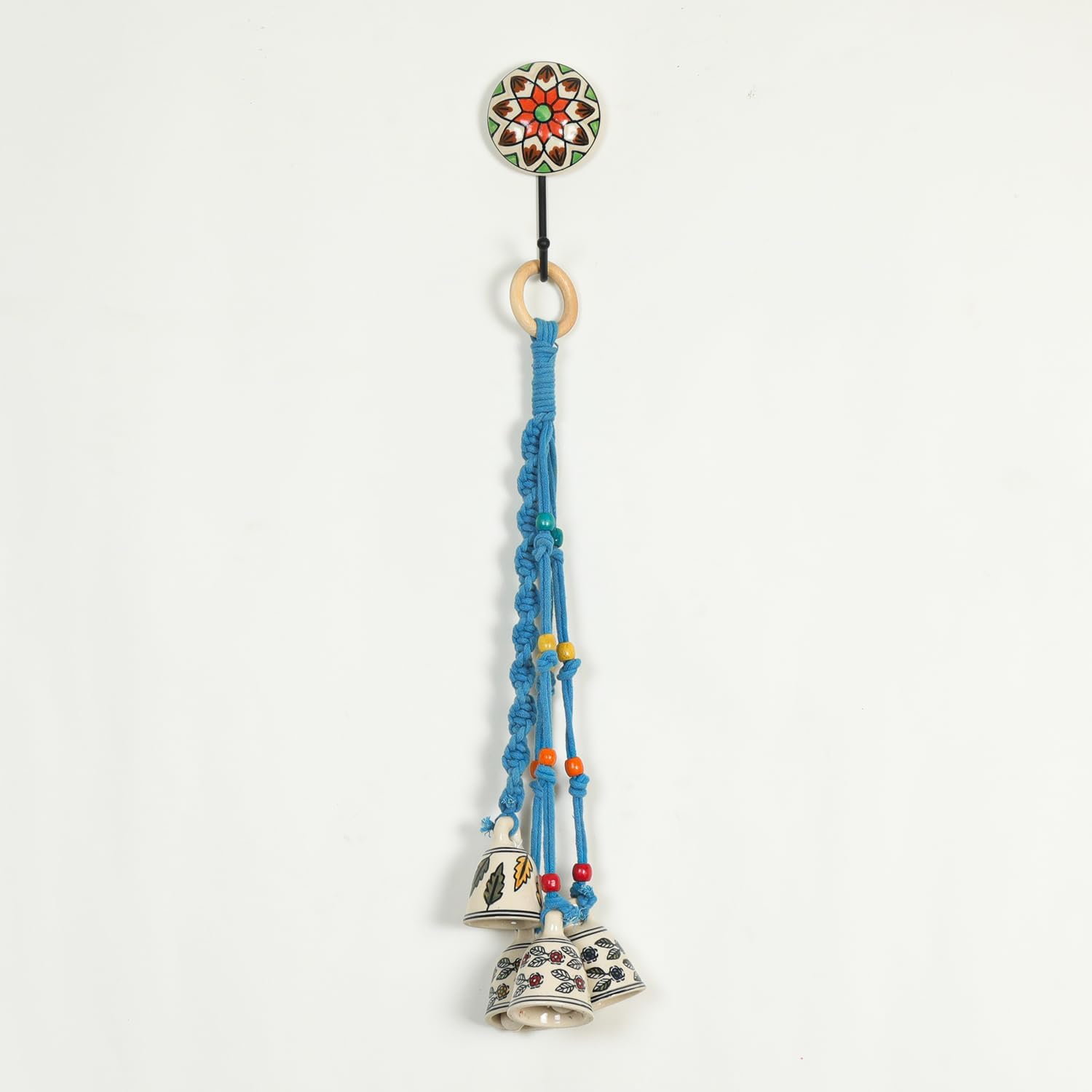 RHD Macrame Wind Chimes for Home Décor | 4 Ceramic Bells with Wooden Ring & Sky Blue Macrame Thread | Handmade Hanging for Diwali, Pooja & Living Space-picture-24