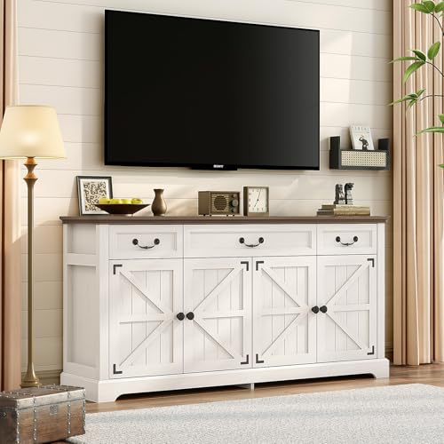 Sunny Heart 65\" Large Sideboard Buffet Cabinet with Storage, Kitchen Buffet Cabinet, Farmhouse Sideboard with 3 Drawers and 4 Doors, Coffee Bar Cabinet with Storage for Living Room, White