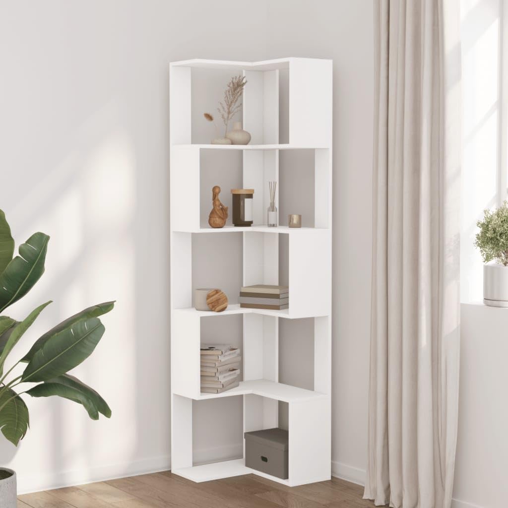 vidaXL Libreria angolare a 5 ripiani, libreria per soggiorno, libreria da ufficio, in legno bianco