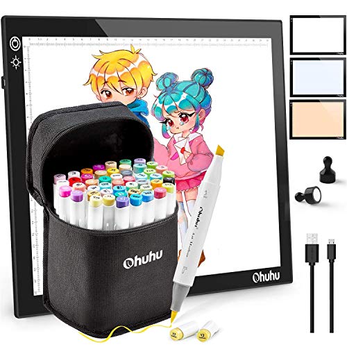 Ohuhu Alcohol Brush Markers, Double Tipped Brush & Chisel Sketch Markers for Artist+A4 Light Board Ohuhu Portable Tracing Light Box with 3 Colors Light Ultra-Thin Portable Tracer