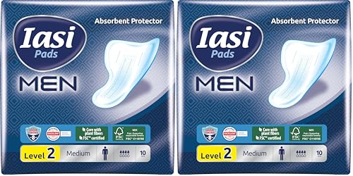 IASI MEN Medium Level 2, Escudos Absorbentes para pérdidas urinarias masculinas leves, 10 unidades (Paquete de 2)