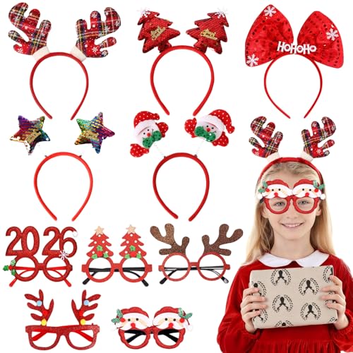 Druuzyl Diadema de Navidad 10 Piezas con Gafas Festivas - Cuernos de Reno y Gorro de Santa, Tocado Navideño para Niños y Adultos, Accesorios para Fiestas, Árbol de Navidad y Fotos