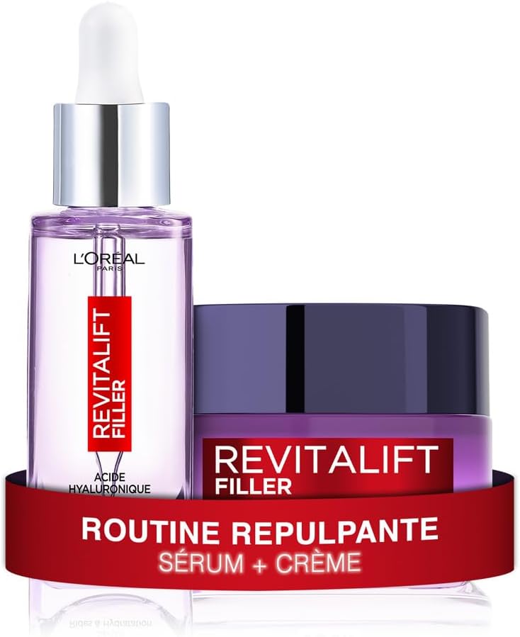 L’Oréal Paris Revitalift Filler Routine Set of 2 Anti-Aging & Anti-Wrinkle Products Plumping Serum + Volumising Day Care Enriched with Hyaluronic Acid for All Skin Types
