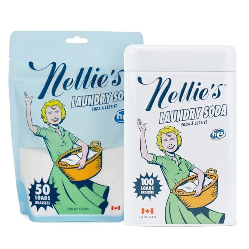 Nellies Laundry Soda Bundle - 100 Scoops (Tin) & 50 Scoops (Pouch) - Concentrated & Septic Safe Formula - Safe for HE and Standard Washing Machines - Ideal for Sensitive Skin - Made in Canada