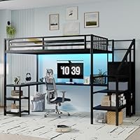 Loft Bed with Desk Full Size, Gaming Loft Bed with LED Light for Adults, Heavy-Duty Loft Beds Frame with Stairs & Wardrobe & Storage Shelves, Bunk Bed with Steps for Teens Boys Girls Room Dorm, Black