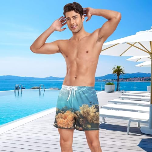 Mens Swim Trunks with Liner, Underwater Reef Coral Cool Quick Dry Beach Swim Shorts, Swimwear Bathing Suits S4