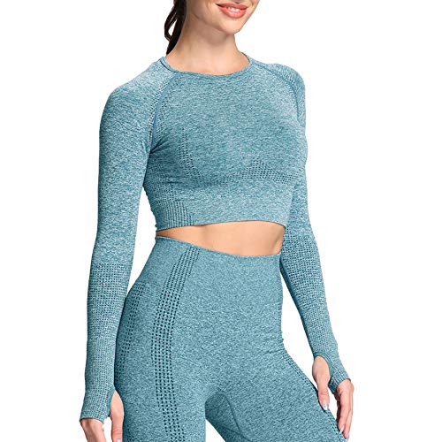 Aoxjox Women s Crop Tops Seamless Workout Tops Vital Long Sleeve Shirts (Vital Forest Green Marl, Medium)