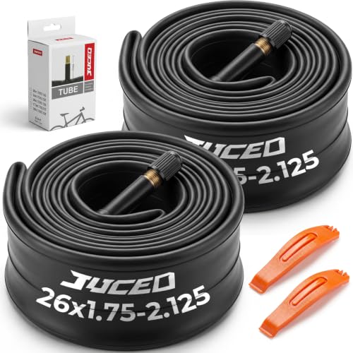 JUCEO 26 x 1.75/1.95/2.10/2.125 Bike Tube 2 Pack with 2 Tire Levers Standard Butyl Rubber Inner Tube Low Heat High Stretch 35mm Schrader Valve Leak Resistant Easy Install for Road/MTB