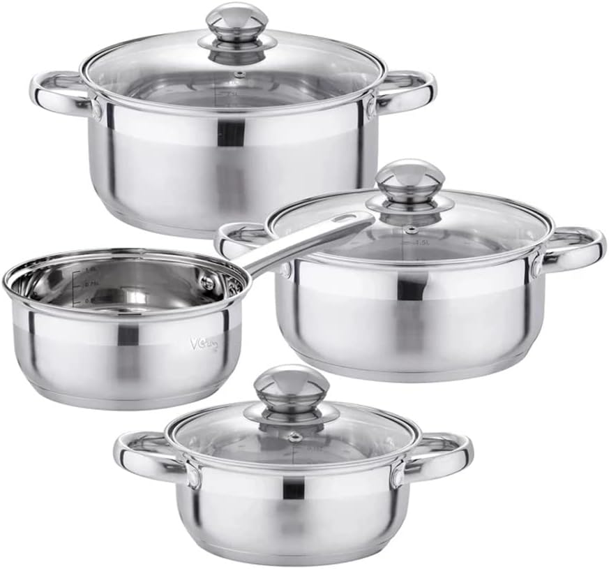 Cookware Set Stainless Steel 7-Piece Kitchen Cooking Pot&Pan Sets,Induction Saucepan,Casserole with Tempered Glass Lid
