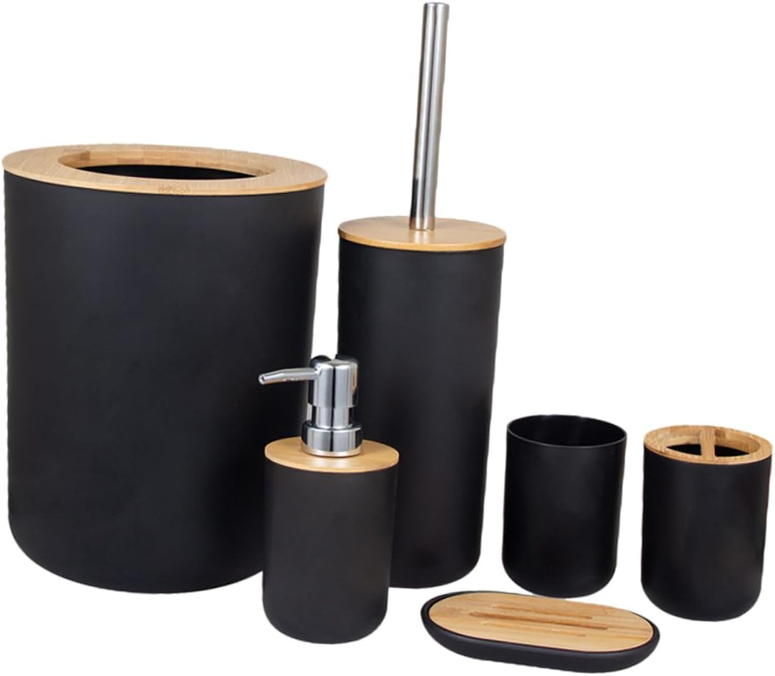 Zerodeko 6-Piece Bamboo Bathroom Accessories Set Toothbrush Holder Soap Dispenser Lotion Bottle Waste Bin Suitable for Modern Bathrooms