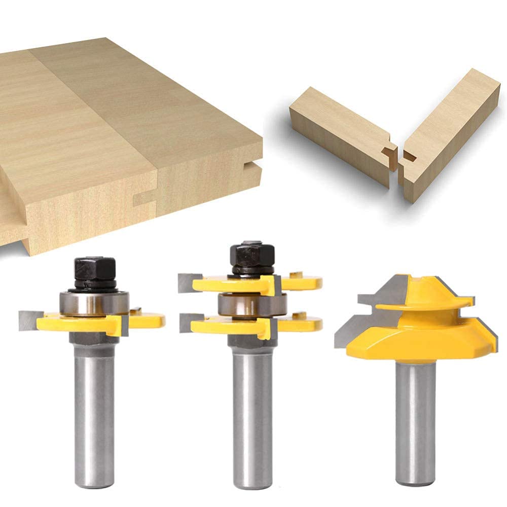 WSOOX 45 Degree Lock Miter Joint Router Bits + 2 Pieces Tongue and Groove Set, 3 Teeth Adjustable T Shape Wood Milling Cutter Used for Wood Drawer, Window, Cupboard