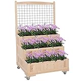 Outsunny 3-Tiers Wooden Raised Garden Bed with Wheels, Trellis, Back Storage Area, Easy Movable for...