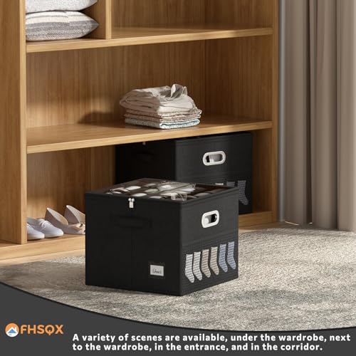 2 Pack Shoe Organizer for Closet Large Shoe Box Storage Containers with Clear Window Space Saving Shoe Bin with Foldable Bottom Support Adjustable Dividers Fits 32 Pairs (Black, (16.5*16.5*13in)*2) — view 6
